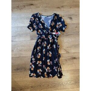 French Connection Womens Black Short Sleeve Floral Print Midi Wrap Dress Size L